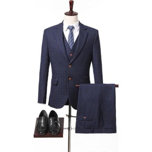 Men Check Suit Business Work Office Daily Life Uniform Party Prom Banquet Wedding 3 Pieces Plaid Suits Single Breasted 2 Buttons