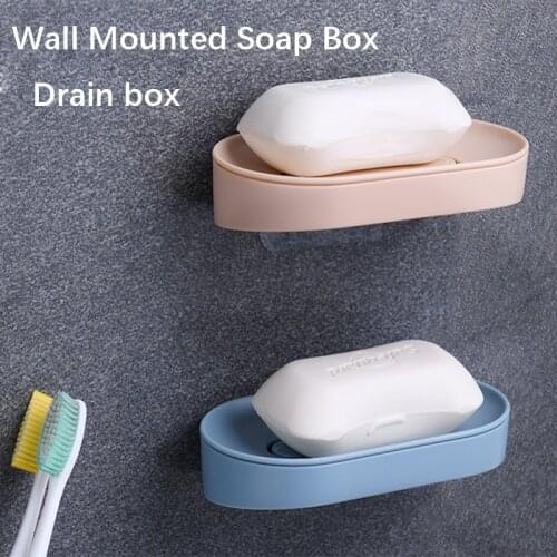 Wall Mounted Soap Box Self Adhesive Dishes Soap Sponge Dish No Drilling Storage Rack Shelf Drain Bathroom Holder
