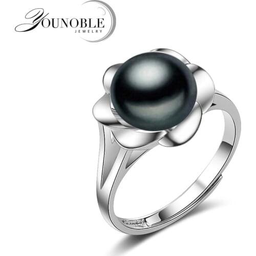 Real flower ring silver 925,white black natural freshwater pearl ring adjustable