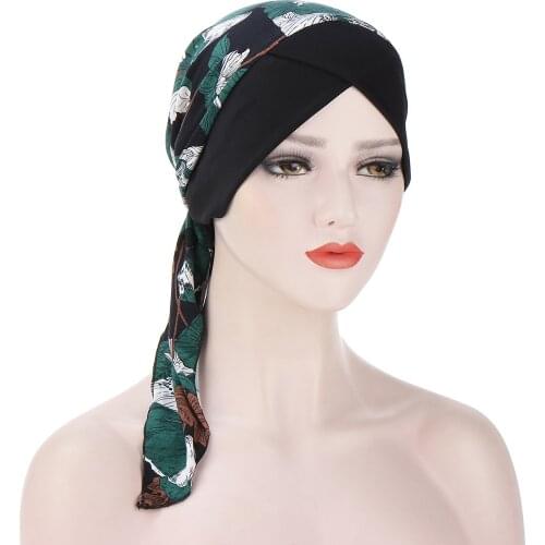 2021New High Quality Fashion Elegant Comfortable And Soft Forehead Cross Arc Two Tail Hats Muslim Baotou Hat Calico Women Turban