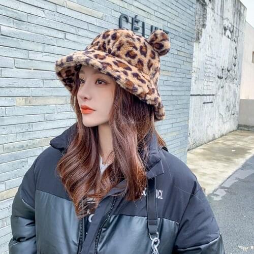 Autumn Winter Leopard Fur Bucket Hat Bear Ear Ball Plush Fisherman Hat Women Soft Warm Thick Basin Hat Protection Cap
