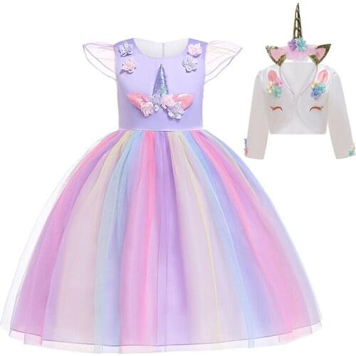 Unicorn Dress Jacket Set Children Rainbow Mesh Princess Dresses Kids Christmas Halloween Birthday Party Girls Clothing