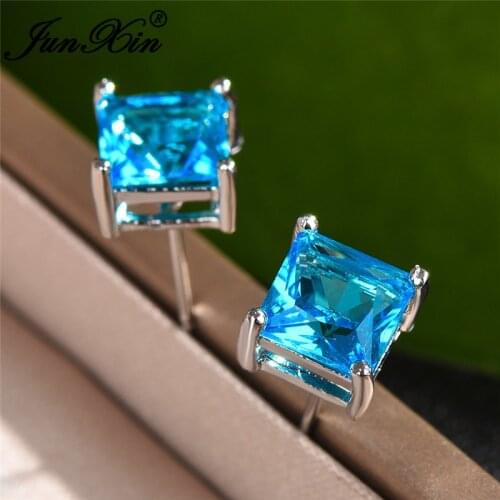 4/5/6/7MM Crystal Stone Square Stud Earrings For Women Men Princess Aqua Blue Zircon Wedding Ear Studs Party Jewelry Cz