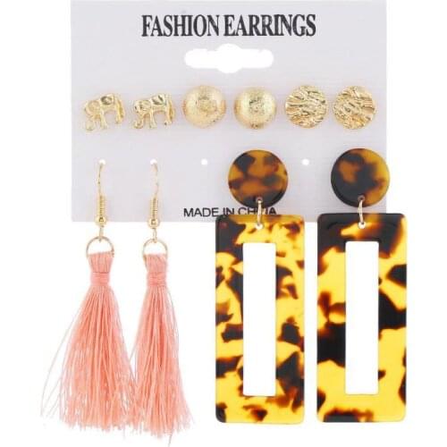 Bohemian Style Earrings Fashion New Temperament Elephant Acrylic Leopard Tassel Earrings 5 Piece Set Earrings For Sale Oorbellen