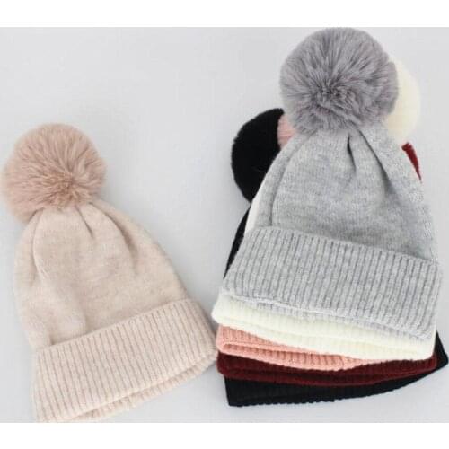Faux Fur Pompom Beanie for Women 2020 New Knit Pink Winter Hat Girls White Cashmere Slouchy Beanie
