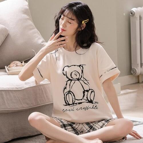 Cute Personality Bear Plaid Shorts Girl Sleepwear Large Size Womens Pajamas Summer Cotton Short-sleeved Round Neck Home Wear