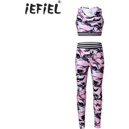 Kids Girls Tracksuit Outfit Sleeveless Camouflage Printed Racer Back Tanks Crop Top with Leggings Pants Gymnastics Performance