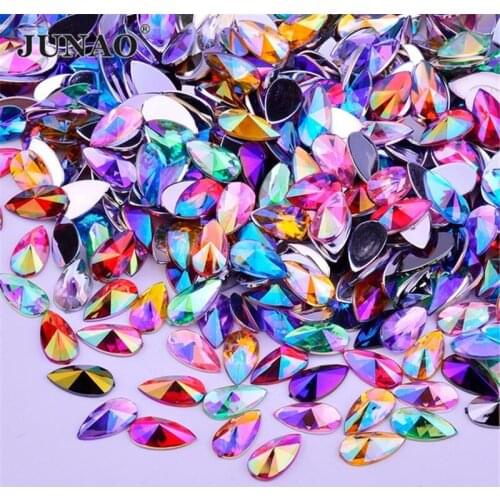JUNAO 8*13mm 9*18mm Mix Color Teardrop AB Rhinestone Flat Back Acrylic Gems Flatback Strass Crystal Non Sewing Stone For Garment
