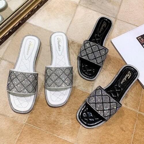 Low Shoes Ladies' Slippers Glitter Slides Fashion Jelly Soft Luxury Flat Crystal PU Fabric Rubber Basic Hoof Heels Shoes Women