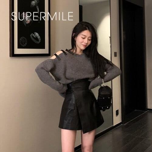 202 Dew Sweater Women Korean Sexy Belt Off-Shoulder Knitted Pullover Jumper Grey Black Long Sleeve O-Neck Elastic Slim Tops New