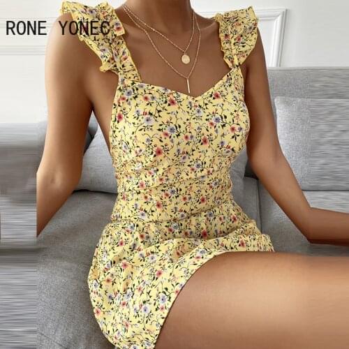 Women Elegant Dress Ditsy Floral Print Frill Hem Backless Dress Summer Dress