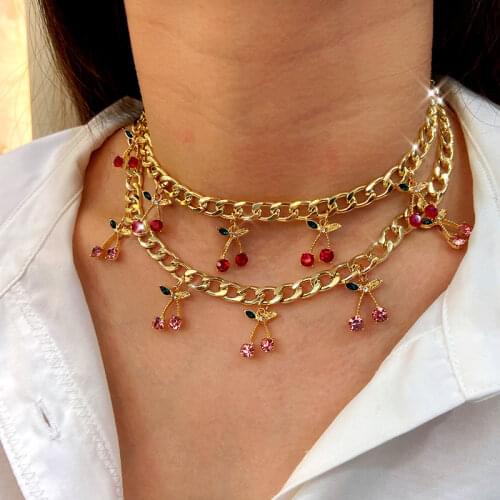 Flatfoosie Korean Cute Cherry Crystal Pendant Necklaces for Women Gold Silver Color Metal Thick Chain Necklace Fashion Jewelry