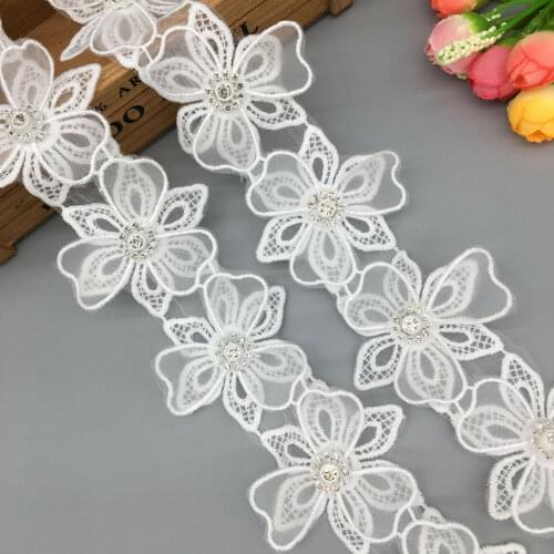 1 yard French Lace Fabric for Dress Diamond 3D Flower Lace Trim Embroidered Ribbon Handmade Sewing Craft For Costume Hat Decor