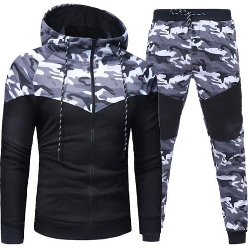 2020 Spring Men Camouflage Patchwork Sets Male Gym Running Zipper Hoodies Sweatshirt +Pants 2PCS Tracksuit Sportwear Suit