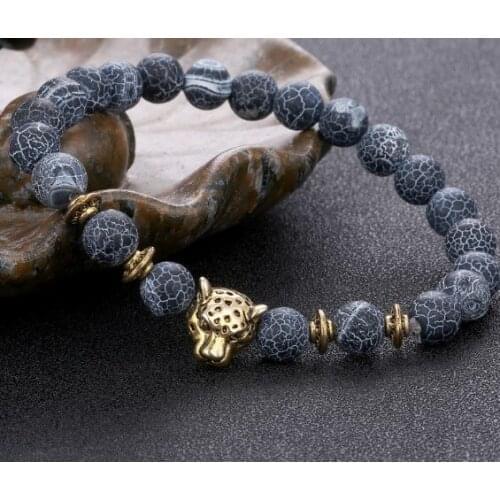 8mm elastic thread Reiki Buddha Prayer Yoga Bracelet yry2 adjusted black weathered bead agate Leopard head Bangles