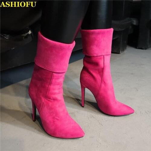 ASHIOFU Handmade Ladies High Heel Boots TURN-OVER Wedding Party Ankle Boots Sexy Club Prom Evening Fashion Winter Boots Shoes
