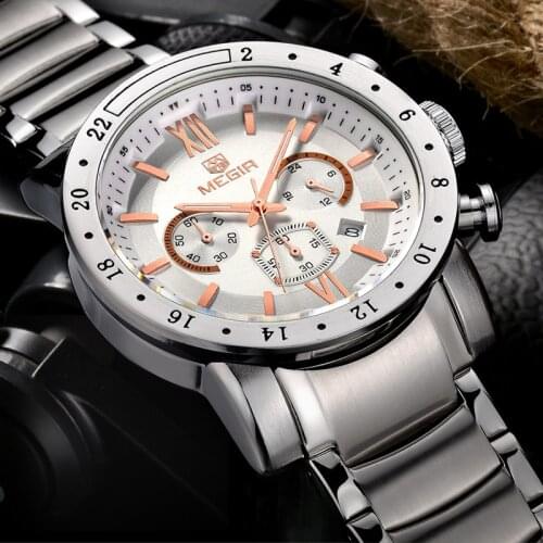 MEGIR Fashion Mens Watch Luminous Quartz Watches Stainless Steel Strap Multifunction Date Relogio Masculino