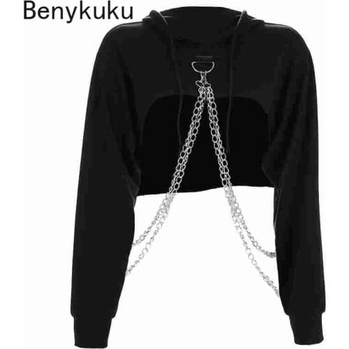 Black Cropped Hooded Sweatshirt Women Loose Chain Patchwork Pullover Goth Hoodie Punk Streetwear Sweat Femme Hoodies Gothic Top