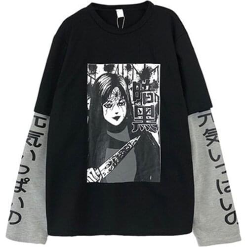 2021 Spring Autumn Men Women Harajuku T-shirt Fake 2 Pieces Print Japan Style Fashion Hip Hop Long Sleeve Shirt Vetement Femme
