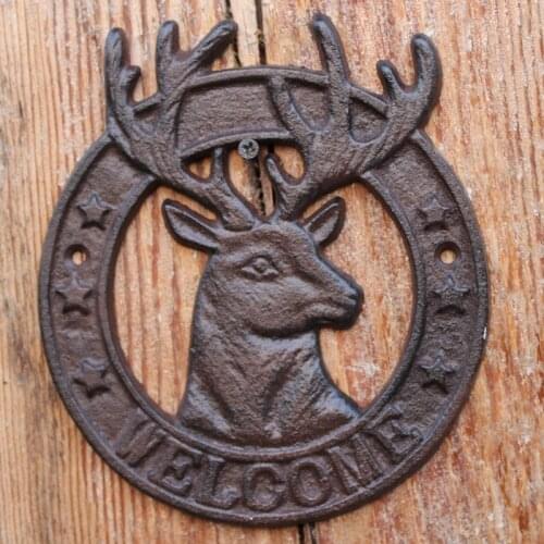 Circled Reindeer Head Cast Iron Welcome Plaques Farm House Accents Antique Rustic Home Garden Wall Decor Round Heavy Metal Signs