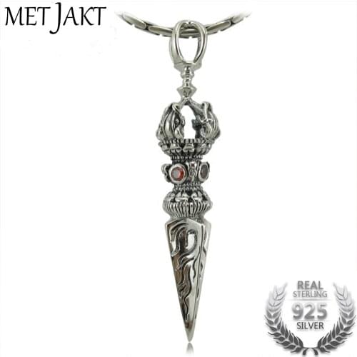MetJakt Buddhism Silver Vajra Pendant with Garnet & 925 Sterling Silver Snake Chain Necklace Suit Mens Amulet Jewelry