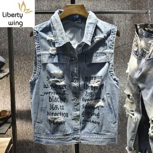 Fashion Summer Single Breasted Mens Sleeveless Denim Waistcoats Personality Letter Printed Hole Ripped Casual Vests Plus Size