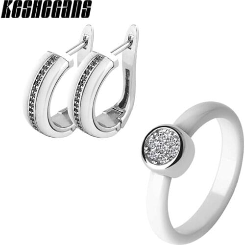 Ceramic Jewelry Set Crystal Round Earrings And 3mm Wide Ceramic Ring For Women Elegant Wedding Party Fashion Jewelry Black White