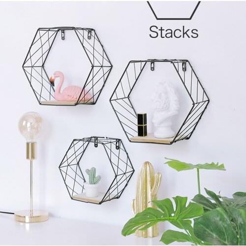 Iron Mesh Grid Wall Shelf Storage Rack Combination Wall Hanging Geometric Figure Wall Decoration Pendant For Living Room Bedroom