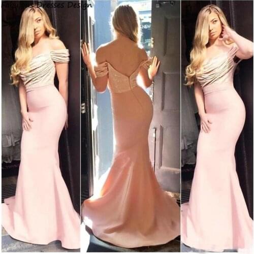 2020 Newest Pink Long Bridesmaid Dresses Sequins Off The Shoulder Vestidos Strapless Mermaid Wedding Party Dress Gown