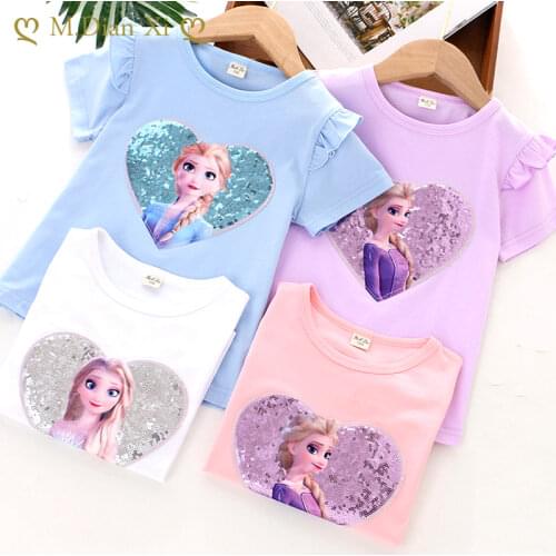 2021 Girls Summer New Short-sleeved T-shirt Season Cotton Love Sequin Bottoming Shirt Short-sleeved Mesh Bottoming Shirt