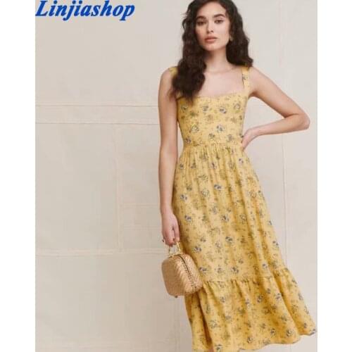 Yellow Floral High Waist Long Dress Women Vintage Sundress French Slim Elegant Summer Dresses Beach Vocation Wear