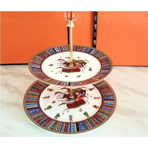 Cake stand plates double layer Bone China beige Dishes Snack Serving Tray