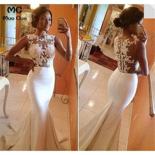 See Though Mermaid Evening Dresses Long Appliques Lace Zipper Back Satin Womens Formal Evening Party Dress Custom Made