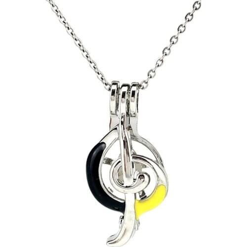 K1046 Silver Enamel Score Treble G Clef Music Note Beads Pearl Cage Pendant Chain Aroma Essential Oil Diffuser Locket Necklace