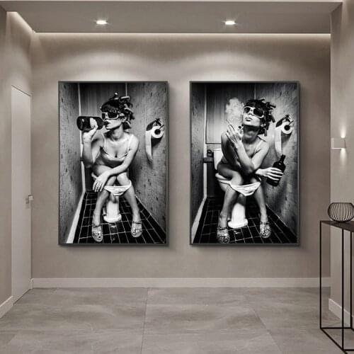Modern Black White Sexy Girl Smoking Drinking Sits in a Toilet Canvas Painting Pictures For Living Room Home Wall Decor No Frame