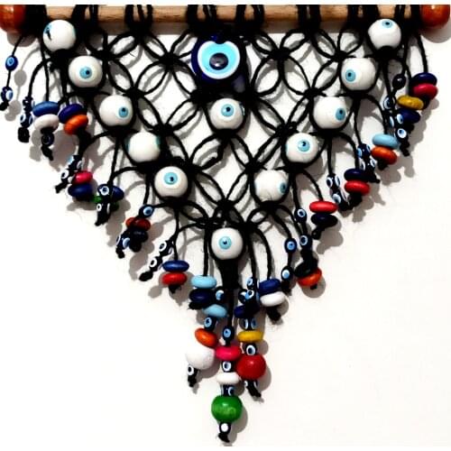 Black Color Triangle, Handmade Door and Wall Decoration with White Glass Evil Eye Beads