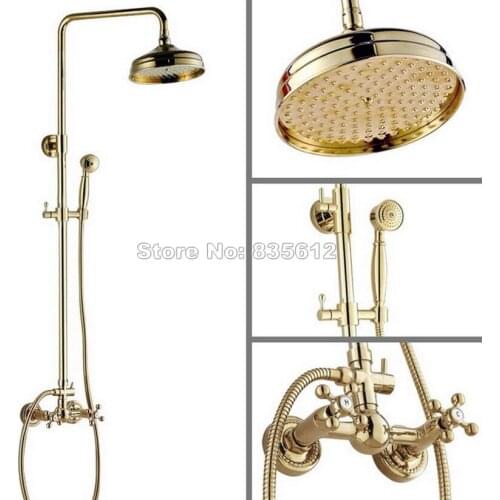 Bathroom Wall Mounted Luxury Gold Color Brass 8 inch Shower Head Rain Shower Faucet Set with Handheld Shower Mixer Tap Wgf321