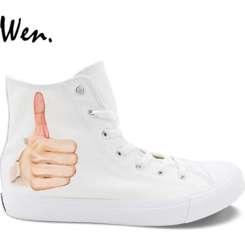 Wen Hand Painted Original Shoes Design Hands Gesture Custom High Top White Canvas Shoes Women Men Sneakers Skateboard
