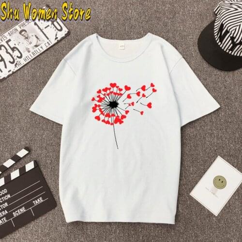 Women Clothes Lady Tees Graphic Dandelion printing Love Heart Sweet Valentine Cute 90s Style Fashion Tops Female T Shirt