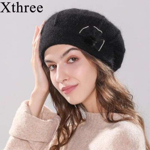 Xthree womens winter hat knitted beret hat for women angola rabbit fur fashion beanie cap