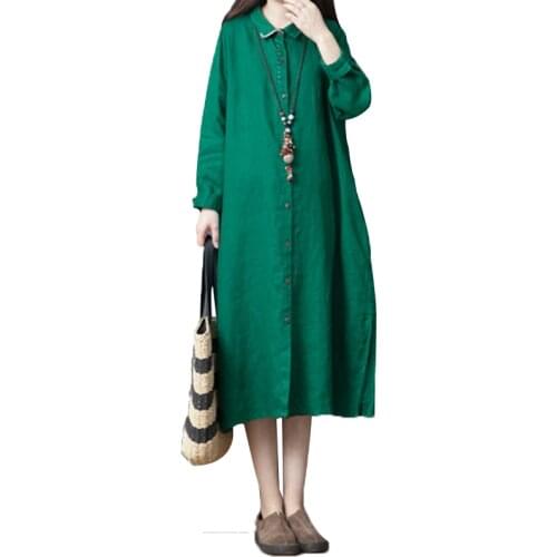 NYFS 2021 New Spring Autumn Woman Dress Loose Vintage Long Dress vestido de mulher Robe Fashion Cotton Linen ShirtDress