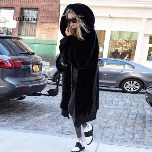 Winter New Fashion Fur Coat Women Warm Imitation Rabbit Fur Hooded Parka Black