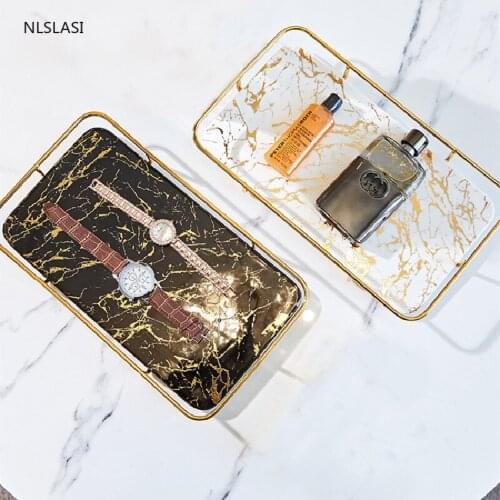 1pc Rectangle Marbling Metal Rack Home Bathroom Electric Toothbrush Holder Shelf Desktop Cosmetic Storage Organizer Bath Tray