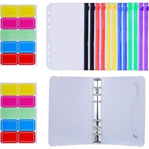 15Pcs A6 PVC 6-hole Binder Cover with Binder Zipper Multicolor Pockets Waterproof Cash Budget Envelopes System Loose Leaf Bags