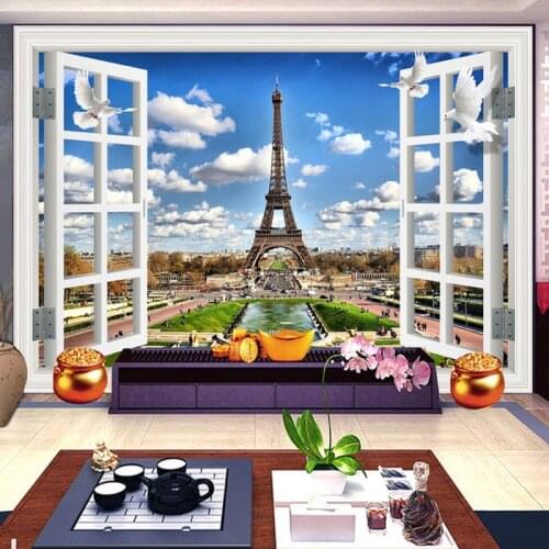 3D Window Landscape Blue Sky Blue Clouds Eiffel Tower Photo Background Decor Mural Wallpaper For Walls Wall Painting Living Room
