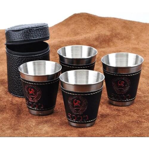4pcs/lot 70ml Outdoor Camping Tableware Travel Cups Set Picnic Supplies Stainless Steel Wine Beer Cup Whiskey Mugs PU Leather