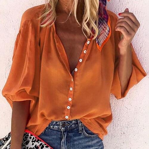 Women Blouse Long Sleeve Solid Color V-Neck Soft Chic Lantern Sleeve Comfortable Fashion Loose Casual Shirts Top Streetwear