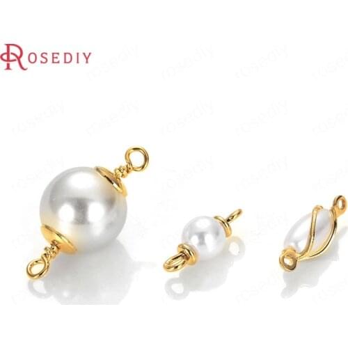 36014)20PCS 5MM 6MM 8MM 10MM 24K Gold Color Brass and Imitation Pearls 2 Holes Round Beads Connect Charms Jewelry Findings