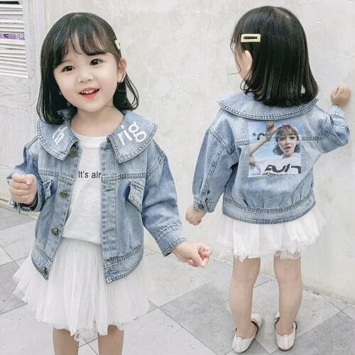 Baby Girls Denim Jacket 2020 Spring Autumn New Loose Casual Tops Fashion Letter Printing Lapel Long Sleeves Denim Coat 2-6 Years