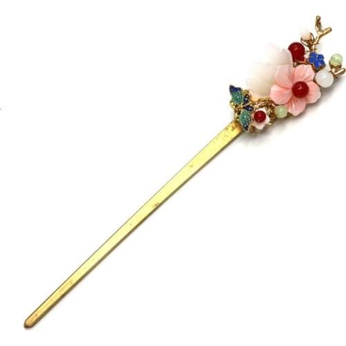 Ethnic Pink Bridal Shell Floral Hair Stick Vintage Butterfly Branch Headdress Ethnic Headpiece Wedding Hair Pins Jewelry